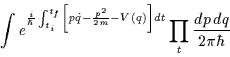 \begin{displaymath}\int e^{\frac{i}{\hbar} \int_{t_i}^{t_f}\left[p\dot{q} - \f......}{2m} - V(q) \right]dt}\prod_{t}\frac{dp \, dq}{2 \pi \hbar}\end{displaymath}