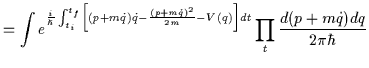 $\displaystyle = \int e^{\frac{i}{\hbar}\int_{t_i}^{t_f}\left [(p+m\dot{q})\dot......(p+m\dot{q})^2}{2m} - V(q)\right]dt}\prod_{t}\frac{d(p+m\dot{q})dq}{2\pi\hbar}$