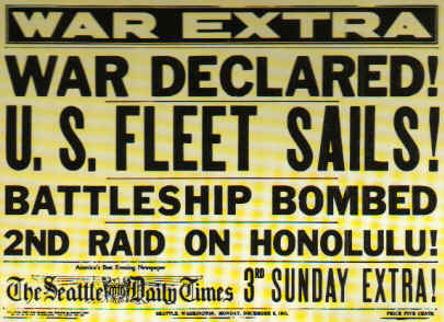 La prima pagina del "The Seattle Daily Times" dell' 8 dicembre 1941 che annuncia l'entrata in guerra degli USA
