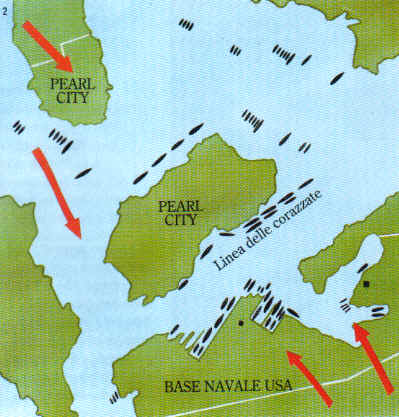 La formazione delle navi all'ancora nel porto di Pearl Harbour al momento dell'attacco