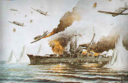 L'Incrociatore Pesante giapponese Mikuma attaccato dai bombardieri americani in picchiata SBD-3, della Task Force 16