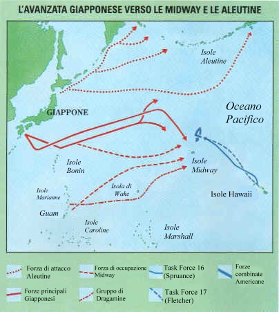 Schema delle forze in campo durante l'avanzata giapponese verso le midway