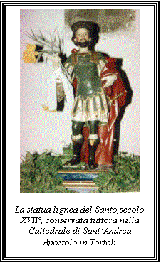 Casella di testo:  

La statua lignea del Santo,secolo XVII, conservata tuttora nella Cattedrale di SantAndrea Apostolo in Tortol

